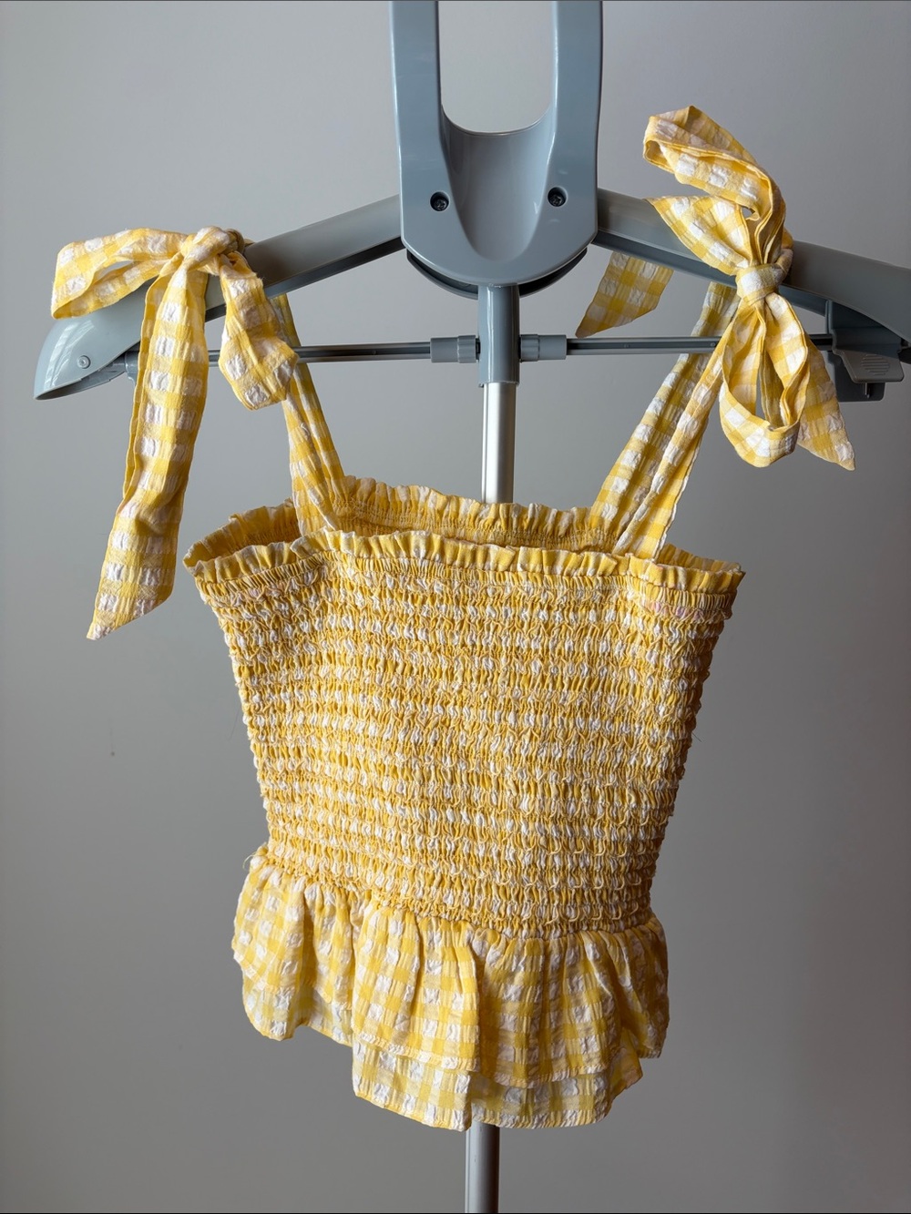 Yellow Gingham Smocked Tie-Shoulder Ruffle Top